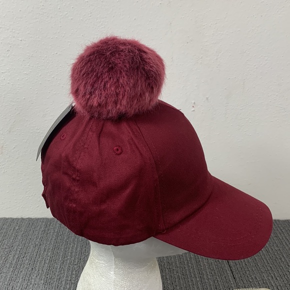 Forever 21 Pompom Baseball Hat Women's OS Burgundy Faux Fur Adjustable Strapback - Picture 10 of 14